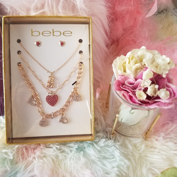 4pcs bebe logo Gold Dangling charm Necklace and Earrings Gift set in box New - Picture 7 of 7
